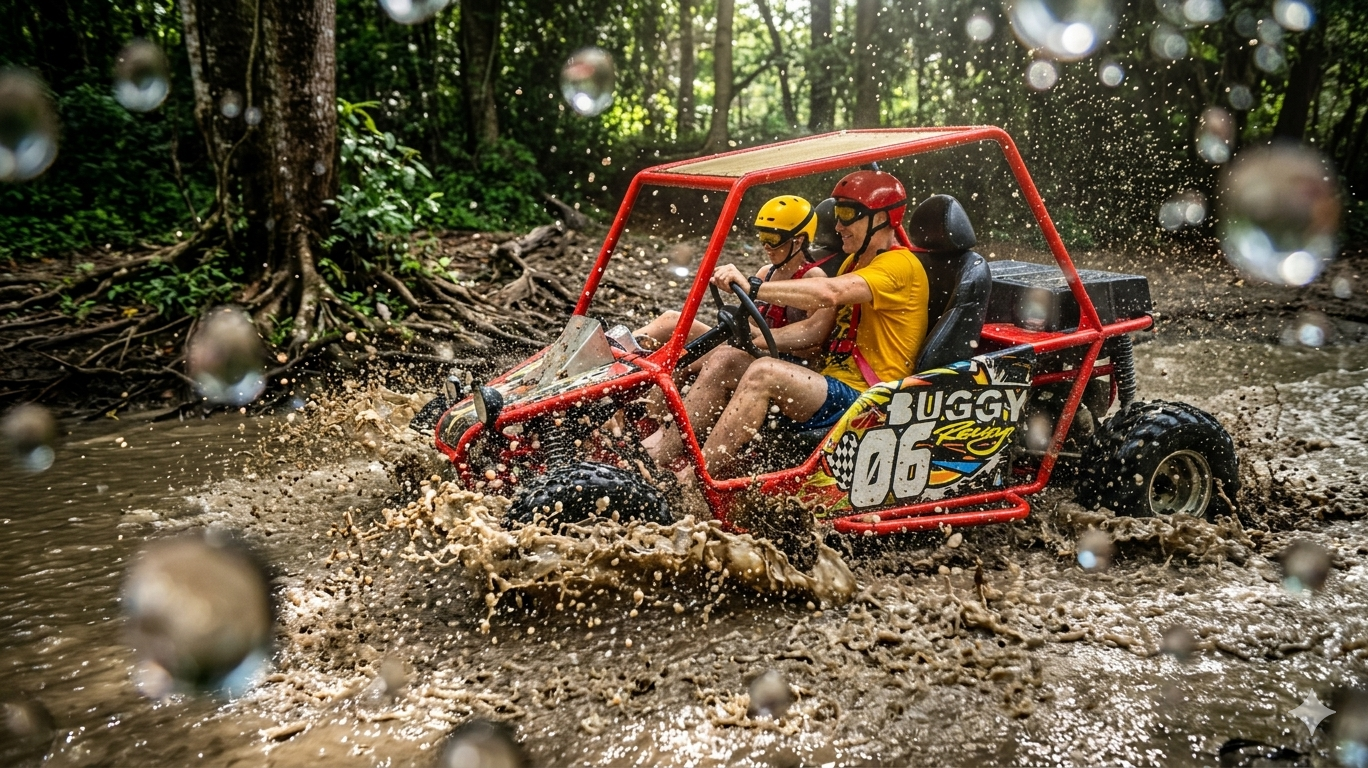 Buggy 06 con turistas cruzando barro en jungla tropical de Puerto Plata — acción extrema